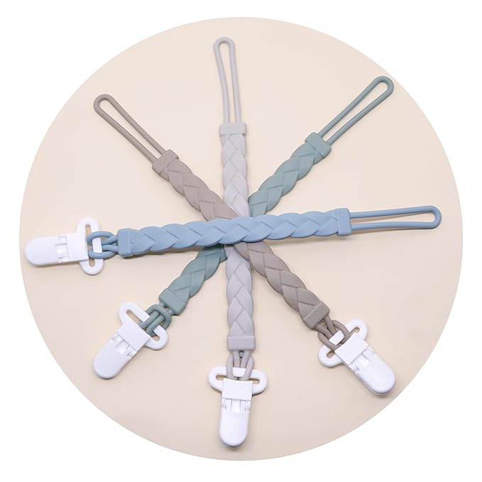 Silicone Pacifier Clips Baby Boys Girls, 4-Pack Flexible Woven Rope Braided Pacifier Clip Holder for Baby Essentials, Newborn Paci Binky Clips (Boy's Color)