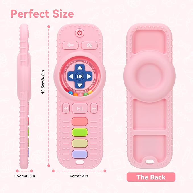 MISSLILI Teething Toy for Babies 3-6-12 Months, Silicone Baby Rattles Teether, Teething Relief Infant Toddles TV Remote Control Teether for 0-24 Months, Pink