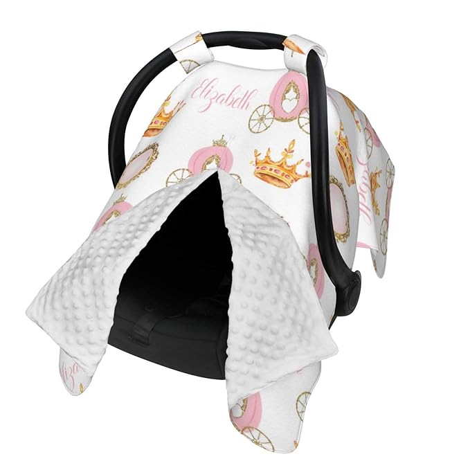 Personalized Baby Car Seat Canopy for Baby Girls, Custom Name Princess Crown Baby Car Seat Covers for Babies, Opening Minky Nursing Breastfeeding Cover for Infant, Carseat Canopies for Newborn