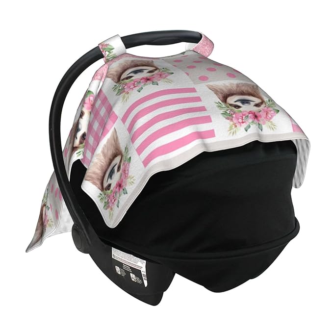 Pink Glitter Sloth Floral Car Seat Canopy Cover, Universal Fit for Infant Car Seats，Breathable,Multi-Use Nursing Cover, Gift Ready