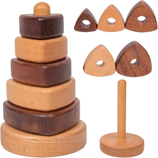 Adena Montessori Ring Natural Wood-Colored Wooden Stacking Toy,Montessori Geometric Stacker Wooden Educational Toy,Baby and Toddler Ages 12+ Months Shape Sorter and Stacking Tower for Babies(Triangle)
