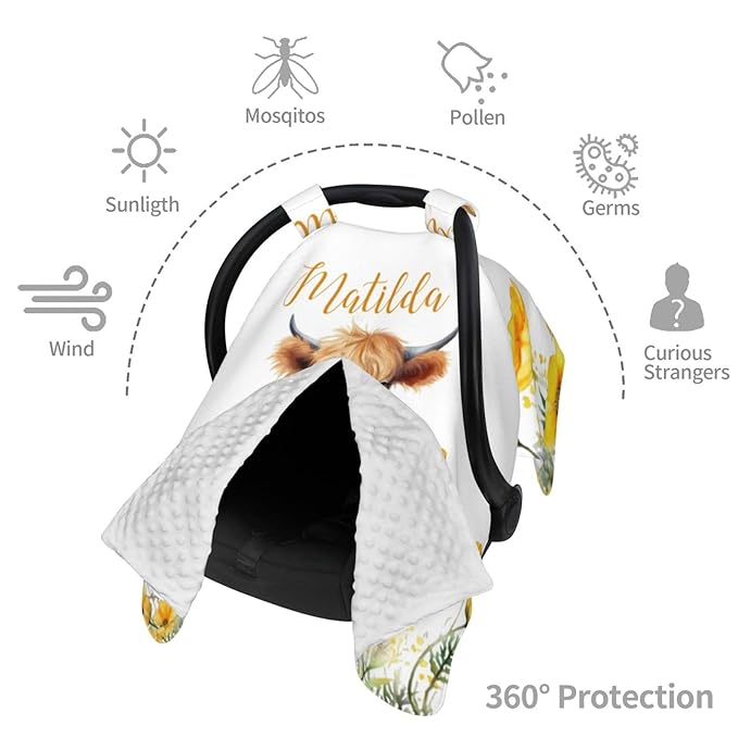 Personalized Baby Car Seat Canopy with Name – Custom Sunflower Highland Cow Minky Nursing Cover for Boys & Girls, Soft Stroller Cover for Infants & Newborns, Carseat Canopy for Breastfeeding