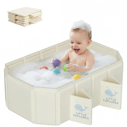 Foldable Baby Bathtub for Ages 0–6, Toddler Bath Tub for Shower, Collapsible Kids Bathtub with 4 Support Legs, Anti-Slip Bottom & Dual Drain Holes, Portable Travel Bath, Easy Storage (Off-White)