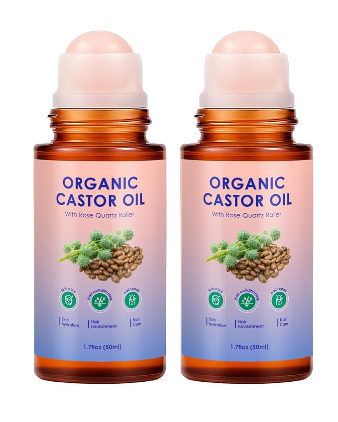 Organic Castor Oil Roll On - 2PCS 100% Pure Cold-Pressed, Hair, Face & Skin Moisturizing, Reducing Dark Circles,Nail and Cuticle Care - Easy to Apply, 50ml*2