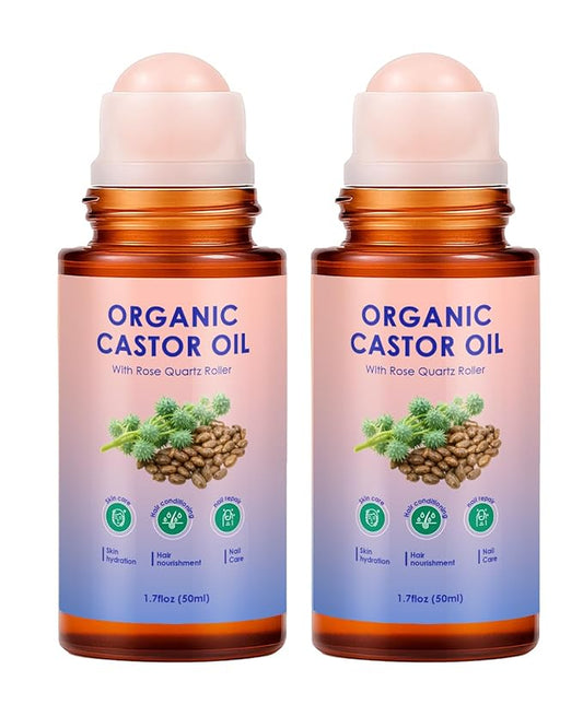 Organic Castor Oil Roll On - 2PCS 100% Pure Cold-Pressed, Hair, Face & Skin Moisturizing, Reducing Dark Circles,Nail and Cuticle Care - Easy to Apply, 50ml*2