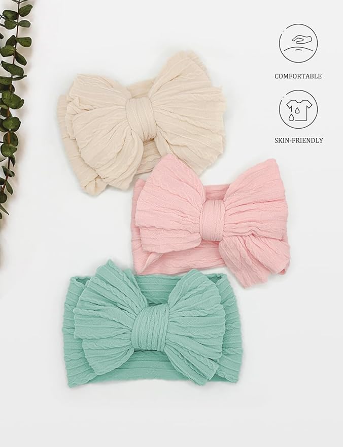 6 Pack Nylon Headbands with Stretchy Infant Bows, Pink Head Wraps for Newborns and Toddlers (03H-10)