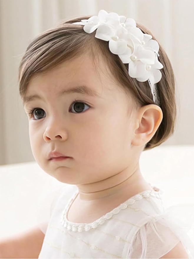 Baby Girls Hairband White Bow Lace Headbands Handmade Soft Stretchy Wide Head Band Newborn Hairbands with Bows Pearls Elastic Headband for Infant Hair Accessories（White Flower）