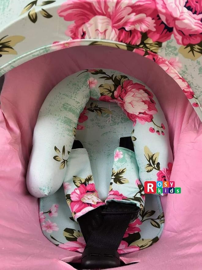 9pc Baby Girl Ultimate Set of Infant Car Seat Cover Canopy Headrest Blanket Hat Nursing Scarf, 25JE04