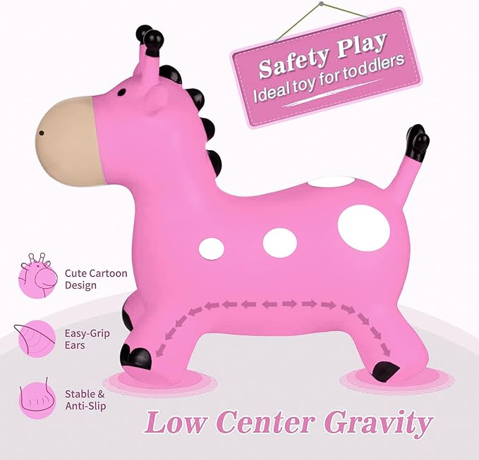 INPANY Giraffe Pink Bouncy Horse Hopper - Toddler Hopping Toys, Inflatable Animal Hopper, Jumping Horse, Outdoor Indoor Ride on Rubber Bouncer, Birthday Gift for 2 3 4 Year Old Boy Girl