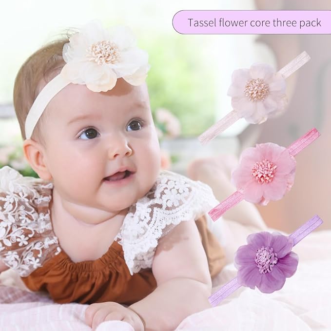 Large Flower Elastic headband for Baby Girl Infant Soft Fabric Chiffon Floral Hairband Toddler Newborn Christening Baptism Hair Accessories (Flower 5 - Pink, Elastic)