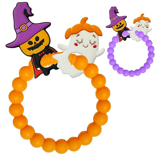 BIGSPINACH Halloween Teething Ring, Silicone Baby Teether with Witch and Cat Design, BPA-Free Infant Teething Toy, Easy to Hold,Safe for Babies and Toddlers (Colorful, Spooky Scarecrow) 2PC