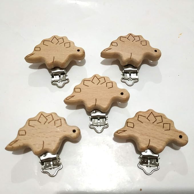 5pcs Natural Beech Wood Animal Pacifier Clips Grasping Toy Suspender Chain Clips Charm Antique DIY Beading Accessory (Stegosaurus)