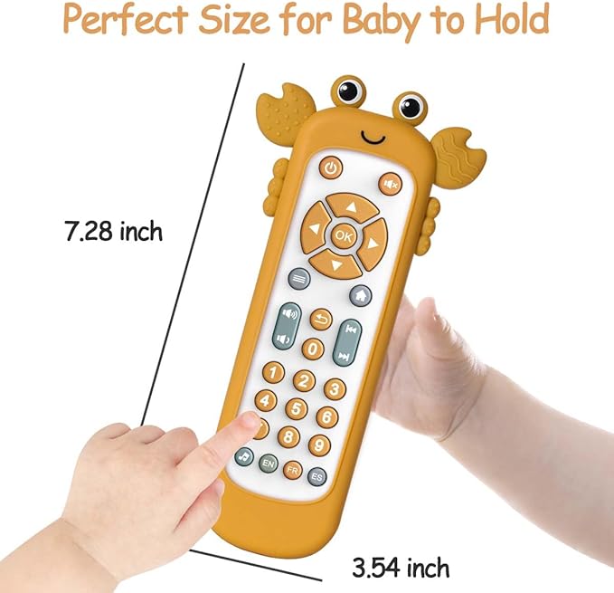 Baby TV Remote Control Toy with Cute Crab Soft Silicone Cover Teething Toy, Realistic Baby Musical Remote Control Toy with Light ＆ Sound, Educational Toys with 3 Language for 6m+Toddlers(Yellow)