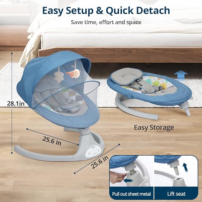 Bioby Baby Swing for Infants with 5 Natural Sway Speeds, Portable Bt Music Baby Swing with Remote Control & 5-Point Harness, Lightweight Baby Rocker for 5-20 Lb,0-12 Months Blue