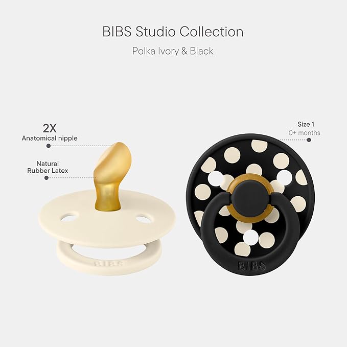 BIBS Polka Dots Pacifier 2-Pack, BPA Free Pacifiers with a Anatomical Latex Nipple, Made in Scandinavia, Size 1 (0-6 Months), Ivory/Black