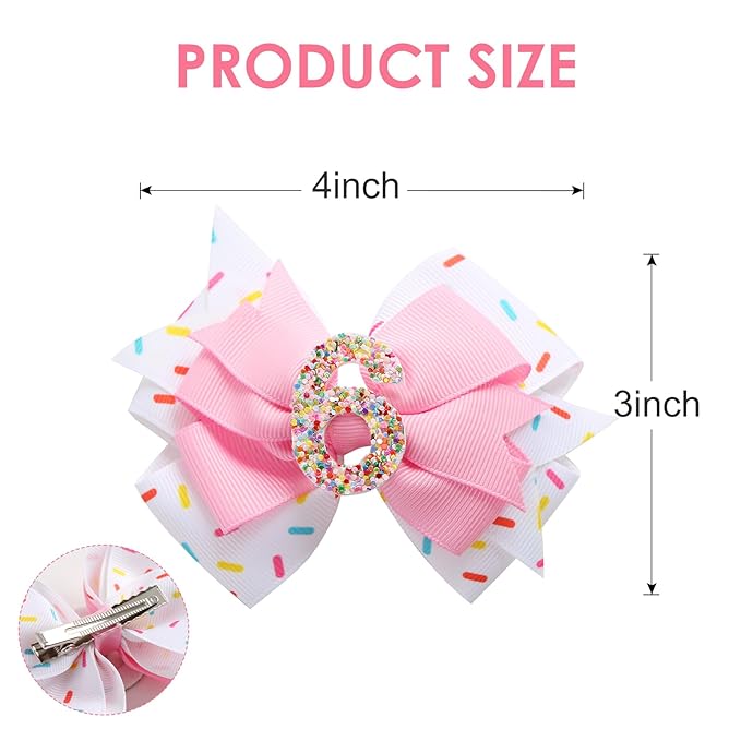2Pcs Birthday Hair Bow for Baby Girls 2 3 4 5 6 7 Years Sprinkle Decorations Confetti Ice Cream Party Pink Pigtail Hair Accessories for Six 6th Birthday