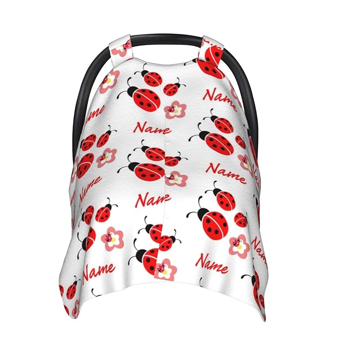 Personalized Lady Bug Baby Car Seat Canopy with Name, Custom Light Weight Minky Covers for Baby Boy Girl, Nursing Breastfeeding Stroller Cover Canopies for Newborn