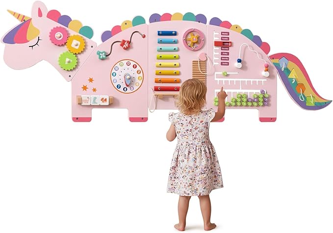 Olakids Sensory Wall, 11 in 1 Wooden Montessori Busy Board Panel Toddler Wall Mounted Activity Center Educational Toys Learning Gift for Boys Girls (Cherry Unicorn)