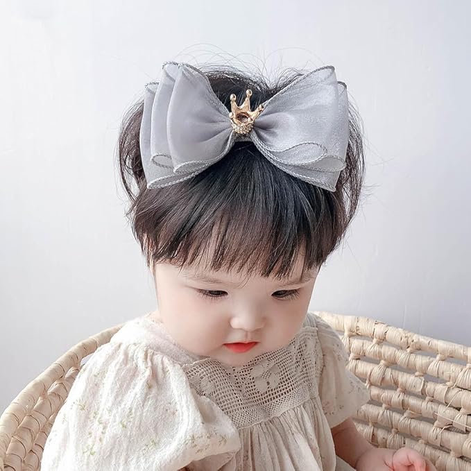Cute Baby Girl Headband with Lace Bow and Crown Elastic Lace Bow Hair Band Newborn to Toddler Hair Accessory Shower Birthday Party Gift (Gray, Free)