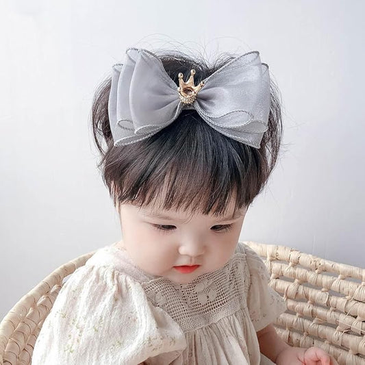 Cute Baby Girl Headband with Lace Bow and Crown Elastic Lace Bow Hair Band Newborn to Toddler Hair Accessory Shower Birthday Party Gift (Gray, Free)