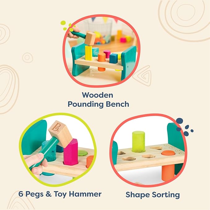 B. toys – Wooden Shape Sorter – Pounding Bench for Shape Sorting – 6 Pegs & Toy Hammer – Classic Toys for Toddlers, Kids – 2+ Years – Colorful Pound & Play