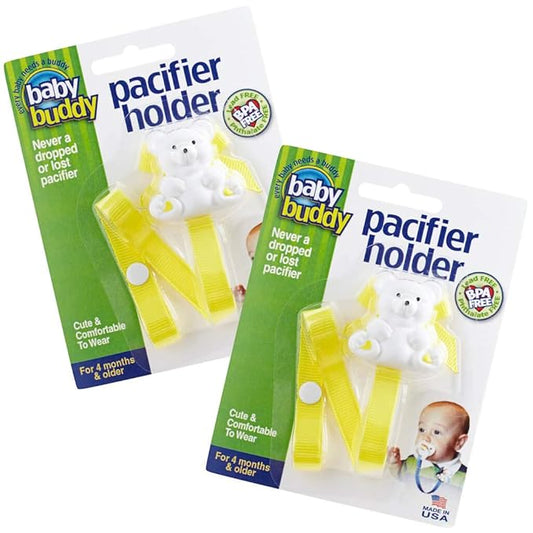 Baby Buddy Pacifier Clip Holder, Newborn Essential with Universal Fit for All Binky and Teether Brands, Ages 4+ Months, Yellow, 2 Pack