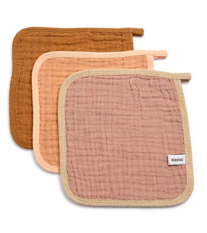 Baby Washcloths, 3-Pack, 100% Cotton Soft Absorbent, 6-Layer Muslin Wash Cloths and Face Towels, Baby Bath Essentials for Newborns, Babies and Toddlers, 8x8 inches (Mocha)