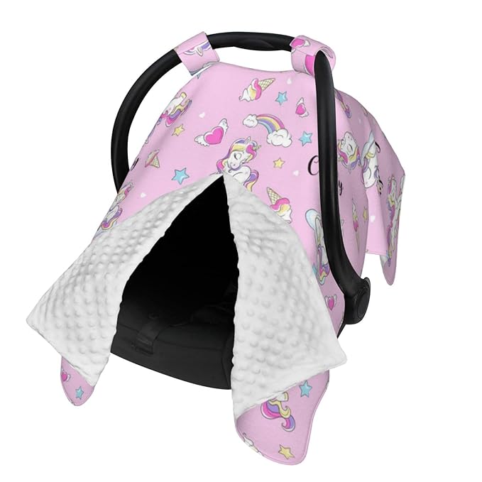 Personalized Baby Car Seat Canopy for Babies with Name, Custom Unicorn Pink Stroller Car Seat Covers for Girls, Nursing Carseat Cover for Breastfeeding, Car Seat Canopies for Infant Newborn