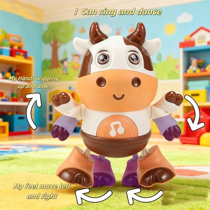 Electric Dancing Cow Light up Musical Cow Plastic Dancing Toys Baby Animal Sounds Toys Toddler Sensory Educational Interactive Swinging Calf 3 AA Battery Operated, Age 3+
