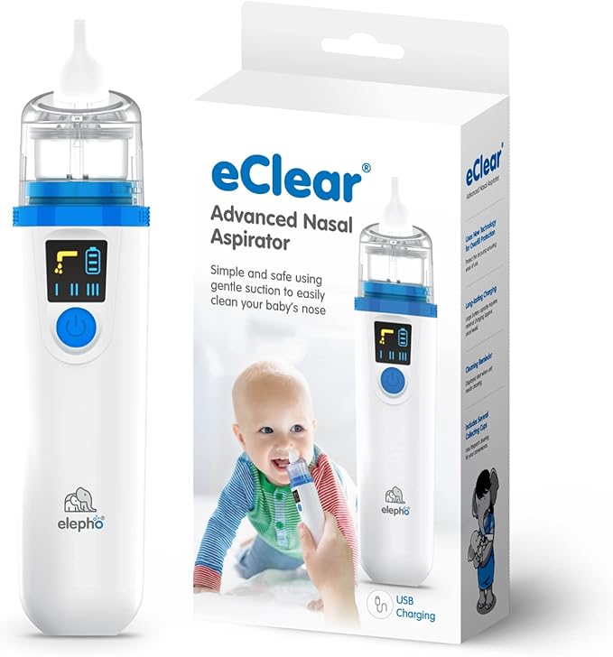 Elepho eClear Advanced Baby Nasal Aspirator. Easy-to-Use with Overflow Protection Technology. Multiple Suction Settings Use for Babies and Children. Single Button Use. Easy Cleaning. USB Rechargeable