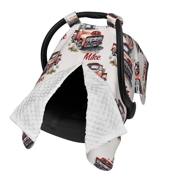 Personalized Baby Car Seat Canopy for Babies with Name, Custom Car Seat Covers for Boys Girls, Infant Opening Minky Nursing Breastfeeding Stroller Cover Carseat Canopies for Newborn (Red Truck)