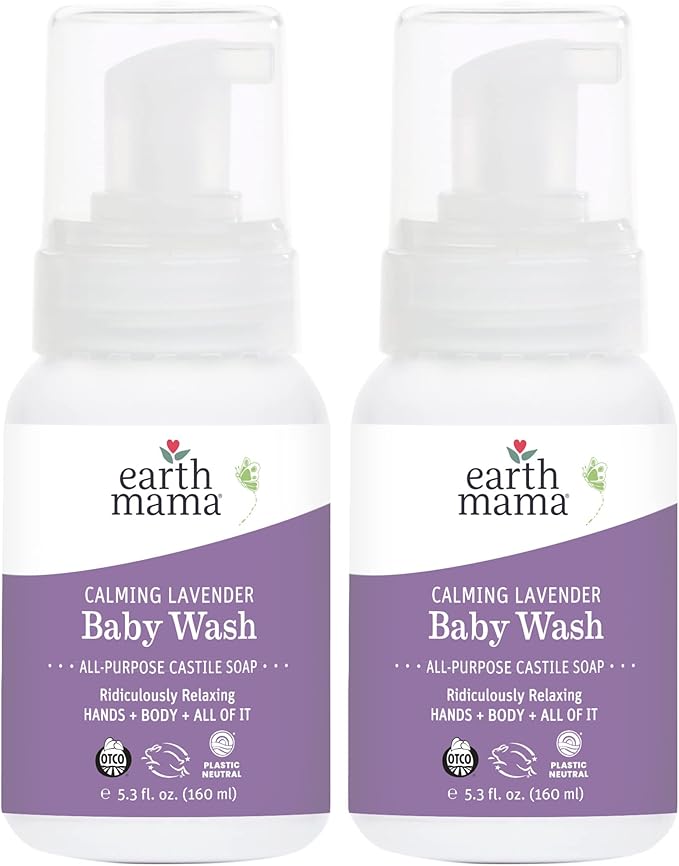 Earth Mama Calming Lavender Baby Wash Liquid Foaming Hand Soap, All-Purpose Lavender Body Wash for Sensitive Skin, Castile Soap with Coconut Oil, Shea Butter, Calendula, & Aloe, 5.3 Fl Oz (Pack of 2)