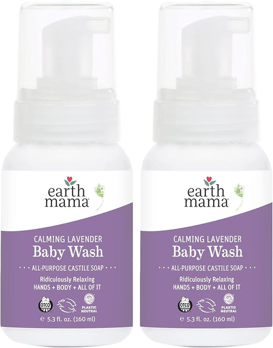 Earth Mama Calming Lavender Baby Wash Liquid Foaming Hand Soap, All-Purpose Lavender Body Wash for Sensitive Skin, Castile Soap with Coconut Oil, Shea Butter, Calendula, & Aloe, 5.3 Fl Oz (Pack of 2)
