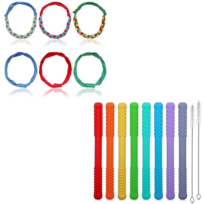 Cloth chew Necklaces for Sensory Kids 6 Pack and Teething Tubes for Babies 8 Pack