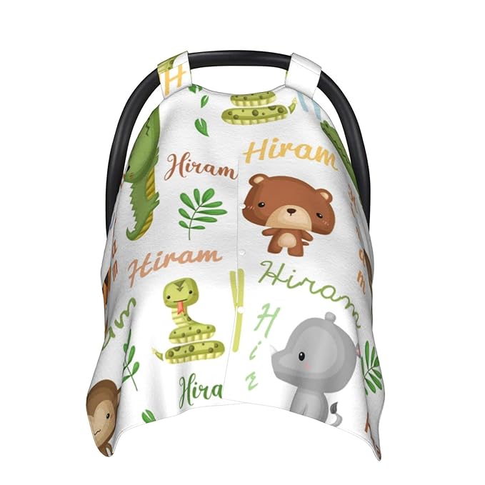 Personalized Cute Animal Baby Car Seat Canopy for Babies, Custom Baby Carseat Covers with Name, Peekaboo Opening Nursing Breastfeeding Cover, Stroller Canopies for Newborn Infant