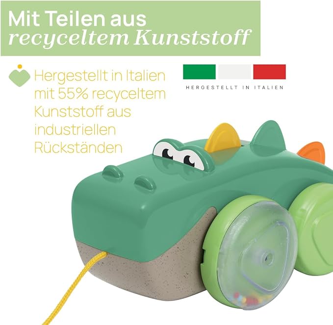 Chicco, Crocodile Pull Along Eco+, Pull Along Toy, 50 cm Long Rope, Wheels with Balls, Tumbling Movement, Recycled Plastic, Made in Italy, Children's Toy from 12-36 Months