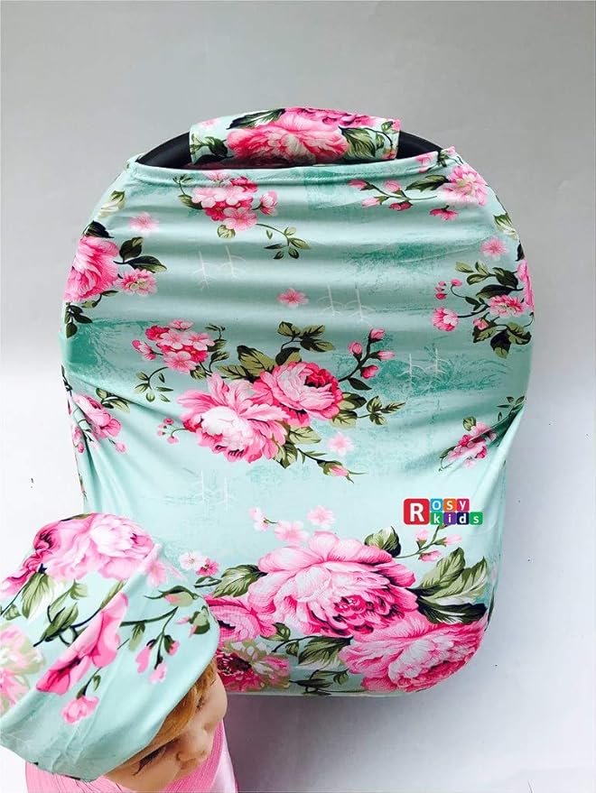 9pc Baby Girl Ultimate Set of Infant Car Seat Cover Canopy Headrest Blanket Hat Nursing Scarf, 25JE04
