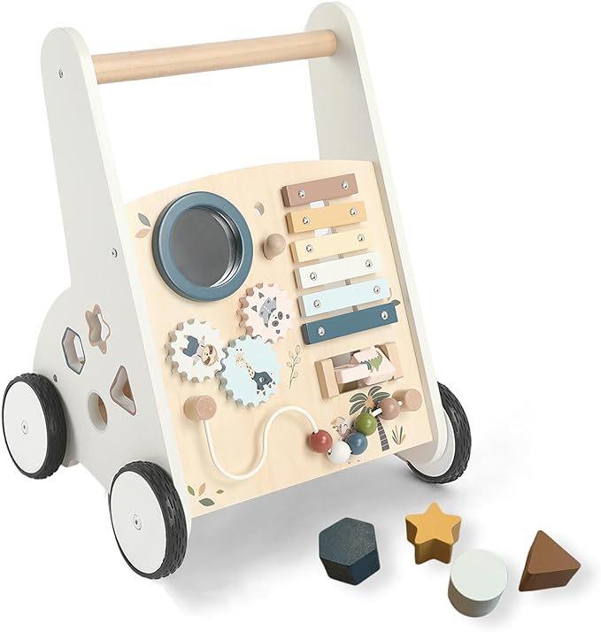 Freniland Wooden Baby Walker，Baby Walker with Wheels for Toddlers 18M+，Montessori Toys with Bead Maze, Xylophone and Storage for Boy and Girl