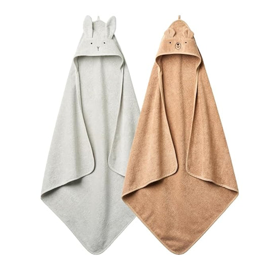 Hooded Baby Towels - 100% Organic Cotton Baby Bath Towels, 32" x 32" Super-Soft and Absorbent Baby Towels for Newborn 2-Pack (Rabbit Grey/Bear Natural)