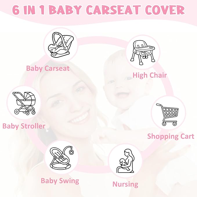 Baby Car Seat Cover Girls, Infant Carseat Canopy, Stretchy Multi- use Nursing Cover for Stroller/High Chair/Shopping Cart/Car Seat Canopies (Pink Bow)