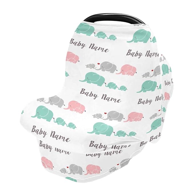 Personalized Baby Car Seat Cover for Babies, Custom Name Baby Car Seats Canopy for Boys Girls, Nursing Breastfeeding Stroller Covers for Infant Newborn, Shower Gift (Cute Elephant)