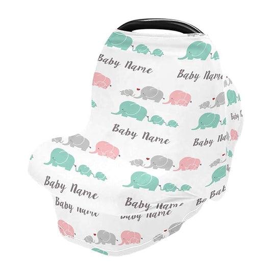 Personalized Baby Car Seat Cover for Babies, Custom Name Baby Car Seats Canopy for Boys Girls, Nursing Breastfeeding Stroller Covers for Infant Newborn, Shower Gift (Cute Elephant)