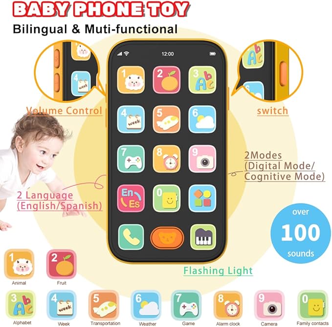 Baby Phone Baby Keys Toys Set, Bilingual Play Phone and Toy Keys for Toddlers 1-3, Musical Early Learning Toys with Sounds Lights for 1 Year Old Boys Girls Infant Age 6+ Months