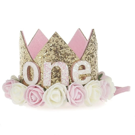 First Baby Birthday Crown Flower Tiara Headband One Year Old Birthday Party Hat Hairbands Princess Photo Props 1st Birthday Decorations Baby Photography Gifts