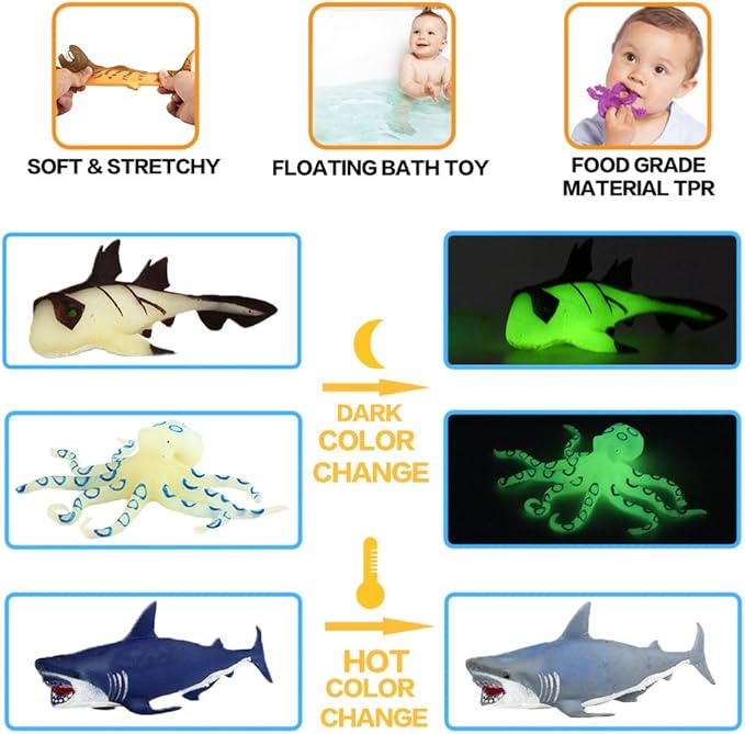 Ocean Sea Animal,8 Inch Rubber Bath Toy Set(8 Pack Random),Super Stretches Material TPR, Some Kinds Can Change Colour, ValeforToy Floating Bathtub Toy Party Shark Octopus Figure
