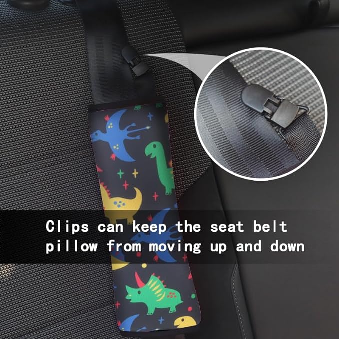 Car Seat Belt Pillow for Kids with Clips,Seat Strap Belt Covers Pad Cushion,Car Seatbelt Cover Pillows for Toddlers(Dinosaur Black)