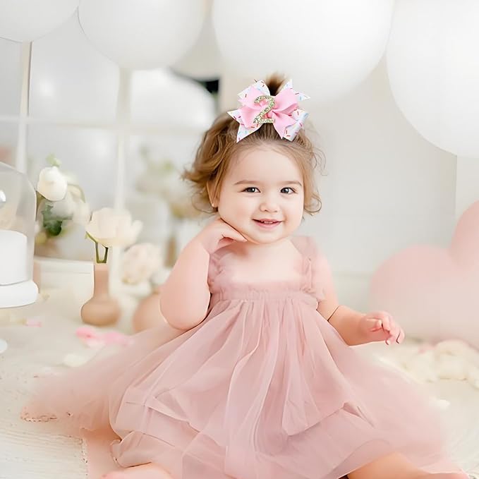 YanJie 1pcs 4'' Baby Hair Bow for 2 Years Old 2nd Birthday Outfit Girl Birthday Decorations for Girl Glitter Infants Hair Clips Accessories with Bows