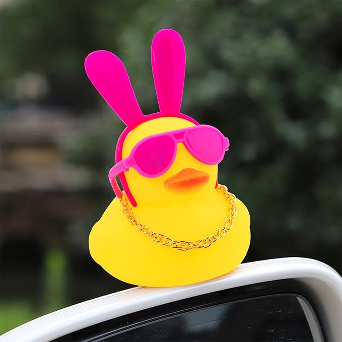 wonuu Car Duck Rubber Duck Car Ornaments Duck Car Dashboard Decorations with Cute Headband Swim Ring Necklace Sunglasses, B-Red Long Rabbit Ear Headband-Pink