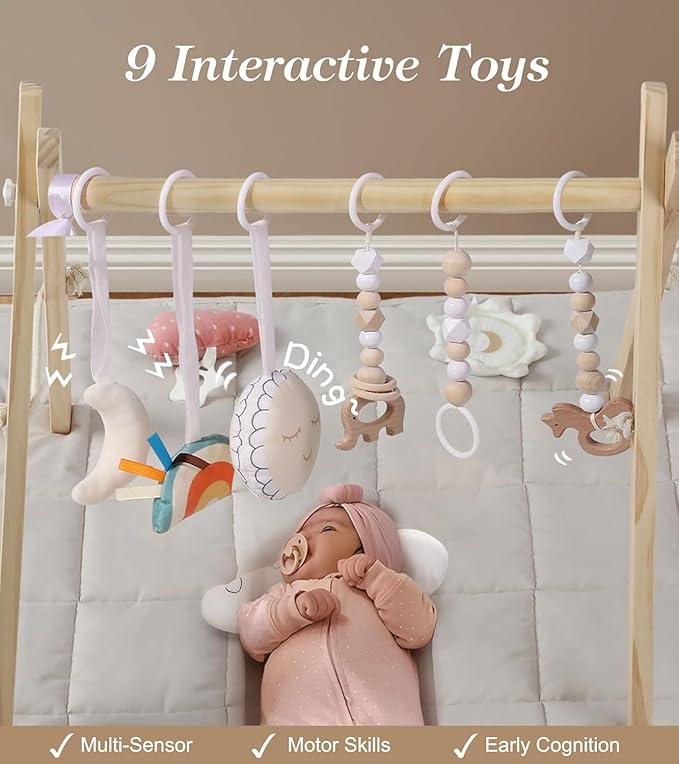 Wooden Play Gym with Beige Mat, Foldable Baby Play Gym, Infant Activity Mat with 6 Hanging Toys, Natural Pine Wood Frame Activity Center, Easy to Assemble & Clean, Newborn Present for Boys & Girls.