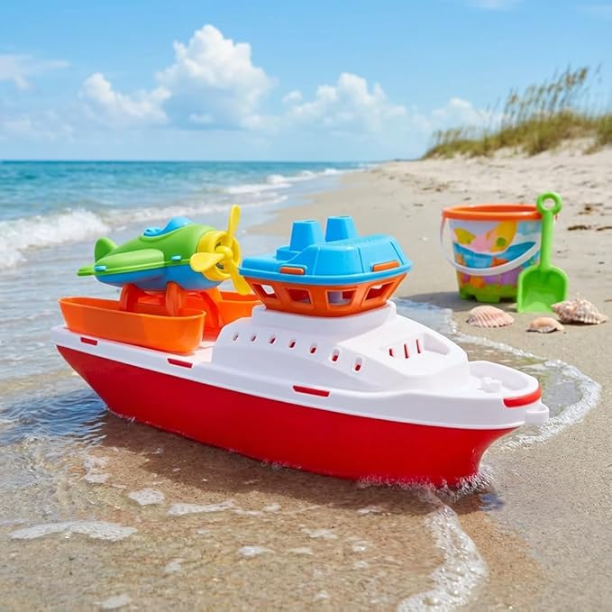 Toyland® 17" Floating Tugboat with Seaplane - Durable Water, Pool and Bathtub Toy for Kids 24 Months Plus - Non-Toxic & Easy Clean Plastic Boat